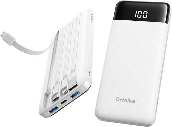 Orfeika Portable Phone Charger, 10000mAh Portable Charger Power Bank with Built-in Cables, Travel