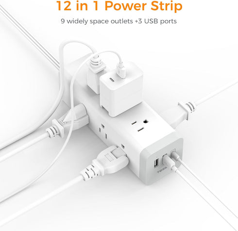 Surge Protector Power Strip 10 FT, TESSAN Ultra Thin Flat Plug with 9 Outlets and 3 USB Ports, Desk Charging Station