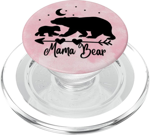 ASBBears Black Mama Bear and One Cub On Pink Watercolor PopSockets PopGrip for