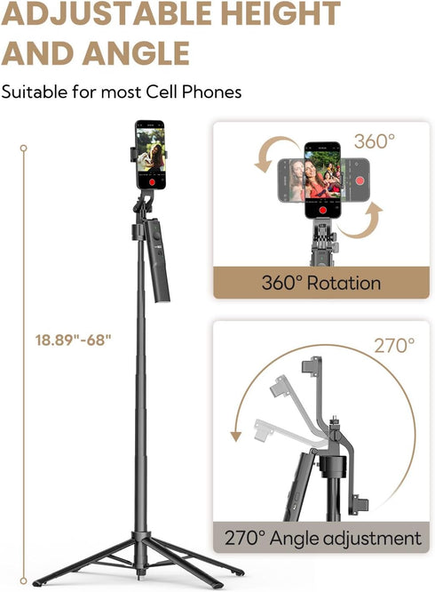 USKEYVISION 360Rotation,Selfie Spike,68 Recording,Vlogging(R01) Auto Face Tracking Tripod for iPhone Stick for Android