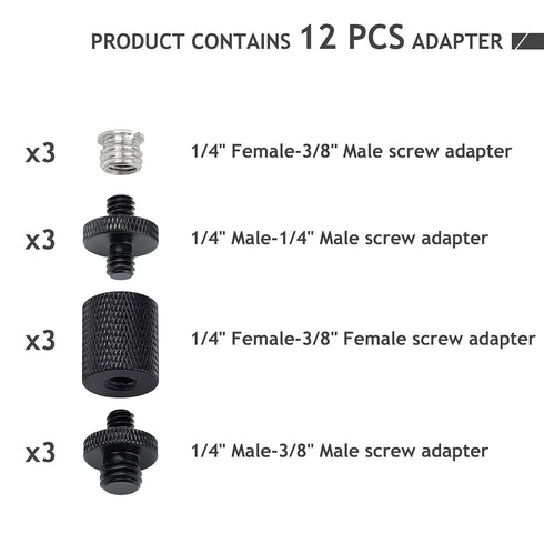 12 Pcs 1/4" 3/8" Camera Screws Adapter, Tripod Screw Adapter Converter Light Stand Adapter for DSLR Camera Tripod Mount, Shoulder Rig, Flash Light Stand, GoPro Tripod Mount