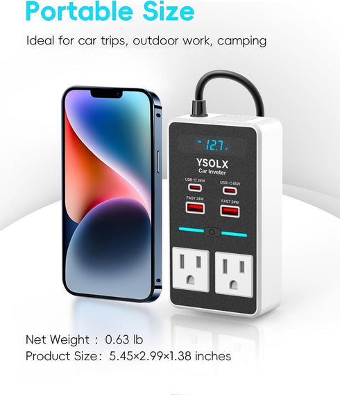 YSOLX 200W Car Power Inverter, 12V to 110V AC Plug with 65W USB-C/48W Dual Fast Charging, Car Charger