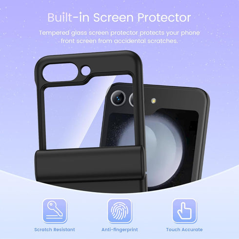 Maxdara Black Case for Samsung Galaxy Z Flip 5 5G, Hinge Protection, Built-in Glass Screen Protector, Shockproof