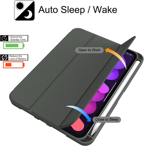 Soke iPad Mini 7 A17 Pro Case 2024, iPad Mini 6 Case 2021 with Pencil Holder, Shockproof Protection, Dark Grey