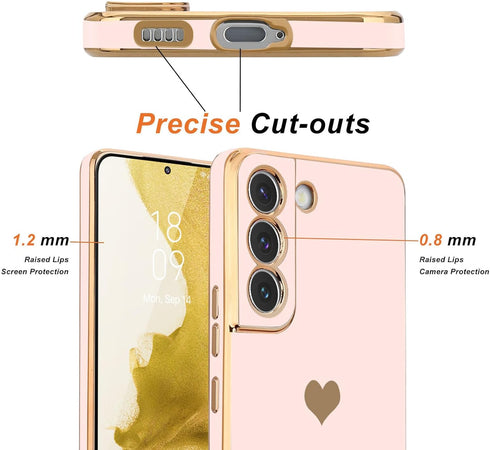 Teageo Light Pink Galaxy S22 5G Case for Women, Cute Love-Heart Luxury Bling Soft Back Cover with Camera Protection