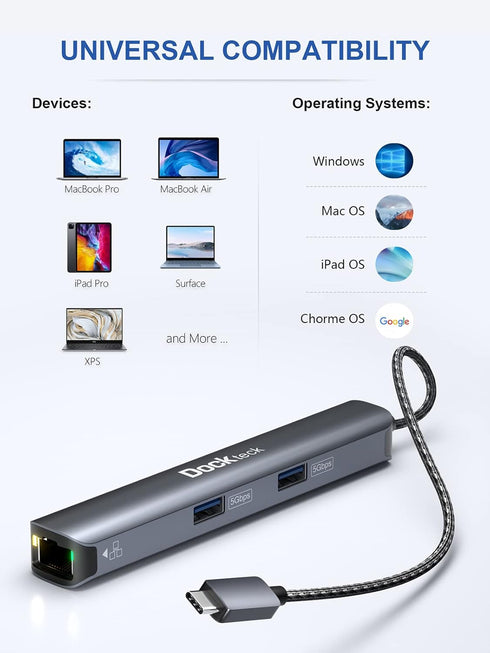 USB C Hub Ethernet, 6 in 1 Laptop Docking Station, Dockteck USB C Multiport Adapter with 4K HDMI, 100W PD, and USB Ports