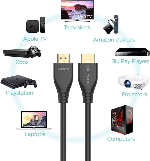 Keymox 8K HDMI Cable 6ft, HDMI 2.1, 48Gbps Ultra HD High Speed, Supports 4K@120Hz & 8K@60Hz, Compatible with Apple TV,