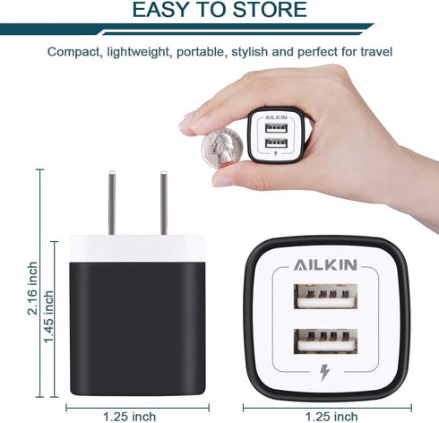 USB Wall Charger / Ailkin 3-Pack 2.1Amp Dual Port Fast Charging Adapter / Cube Box for iPhone 15 14 Pro 13 12 SE XS 8