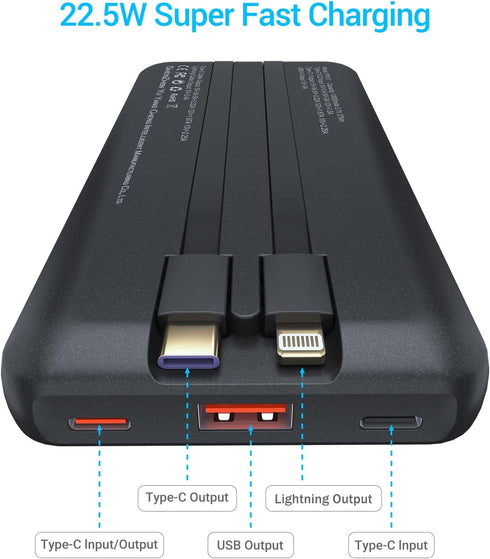 Antteez 10000mAh 22.5W Pack 4 2 Portable Charger with Built in Cable - Fast Charging Power Bank USB C LED Display