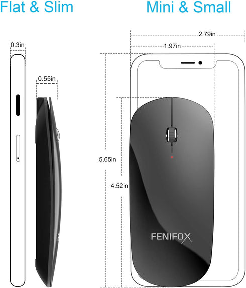 FENIFOX Bluetooth Mouse Slim Mini Whisper-Quiet Flat Portable Wireless Mice Rechargeable Compatible with Laptop,PC,Tablet Android Windows XP(Black)