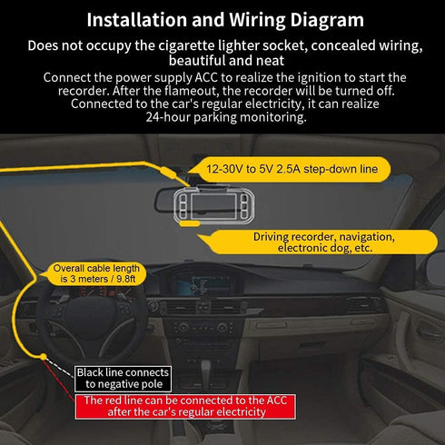 Dash Cam Hardwire Kit - 12V/24V to 5V 2.5A Parking Monitor Converter Cable, Left Angle Mini USB
