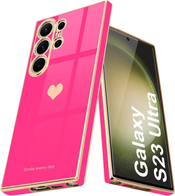 Teageo Cute Love-Heart Case for Samsung Galaxy S23 Ultra 5G - Luxury Soft Bumper, Shockproof, Hot Pink, Full Camera