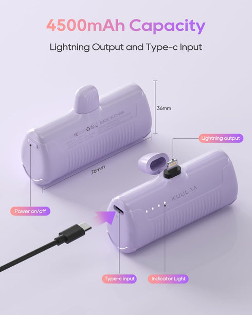 Kuulaa Portable Phone Charger, 4500mAh Mini Power Bank for iPhone, Cute Battery Pack for iPhone 14/13/12/11