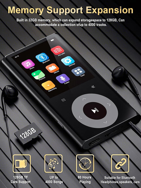 CCHKFEI 64GB MP3 2.4" MP3 MP3 128GB Player with Bluetooth Screen Hi-Fi Lossless Sound Bluetooth Player Built-in Speaker