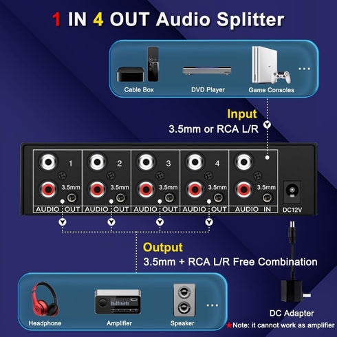 FlyroadUp 3.5mm 1 4 Aux + RCA L/R Audio Splitter in Out Stereo Analog Audio Distributor Box
