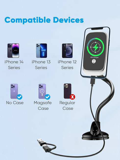 Powerlot 15W Magnetic Car Charger Mount with Strong Suction & 360° Rotation for iPhone 15 Pro Max/15/14/13/12 Magsafe