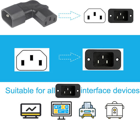 Right Angle C13 to C14 IEC AC Plug Adapter, 2 Pack, 90 Degree Design, PVC, Pure Copper, 250VAC 10A Max