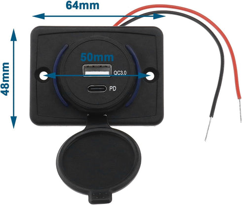 2PCS Type C USB Car Charger Socket Power Outlet with Dustproof Cap, Dual Port QC3.0 USB & PD Type C 12-24V 18W