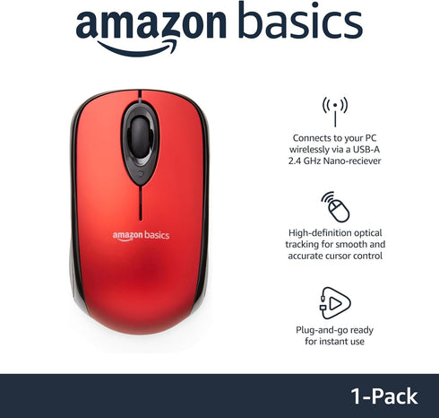 Amazon Basics 2.4 Ghz Wireless Optical Computer Mouse with USB Nano Receiver, Red