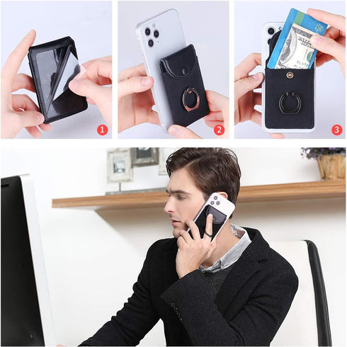 Credit Card Holder for Back of Phone with Ring Stand, Ultra-Slim Self Adhesive, RFID Blocking Stick on Most Smartphones