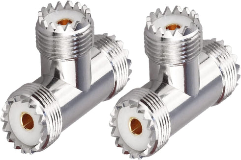 UHF Triple Tee Connector UHF Female to Dual UHF Female 3 Way Splitter Coax Adapter PL259 SO239 T Shape Adapter, 2 Pack