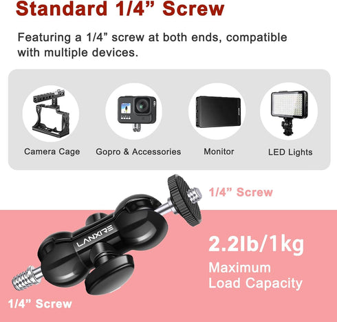 Mini Magic Arm with Double Ball Head & 1/4" Screw - 2 Pack for Camera Cage, Clamp, Action Cameras, LED Light