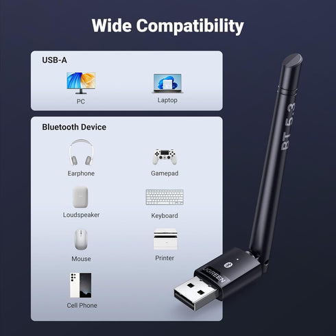 UGREEN Bluetooth 5.3 Adapter for PC, Long Range USB Dongle, Wireless Transmitter Receiver for Mouse, Keyboard,