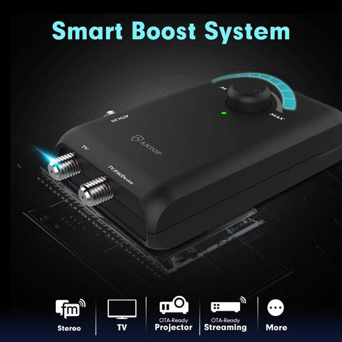 ANTOP 2 HD Smart Boost Antenna Amplifier,TV Antenna Amplifier Signal Booster, HDTV Booster with Dual Outputs for TVs