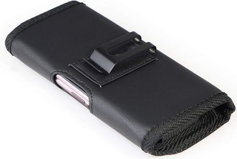 Nakedcellphone Case for Galaxy Z Fold 5 Phone - Black Vegan Leather Horizontal Pouch with Metal Belt Clip, Magnetic