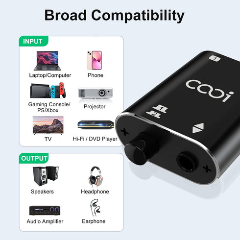3.5mm Stereo Audio Switcher (1 in 2 Out / 2 in 1 Out) with 3.5mm Audio Cable, AUX Audio Speaker Selector