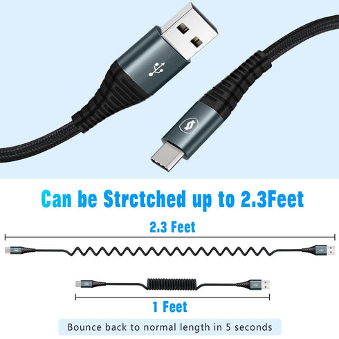 2 Pack 3FT USB C Charger Cable 60W Fast Charging, Coiled USB A to USB C Cable for iPhone 15, Samsung Galaxy S24/S23