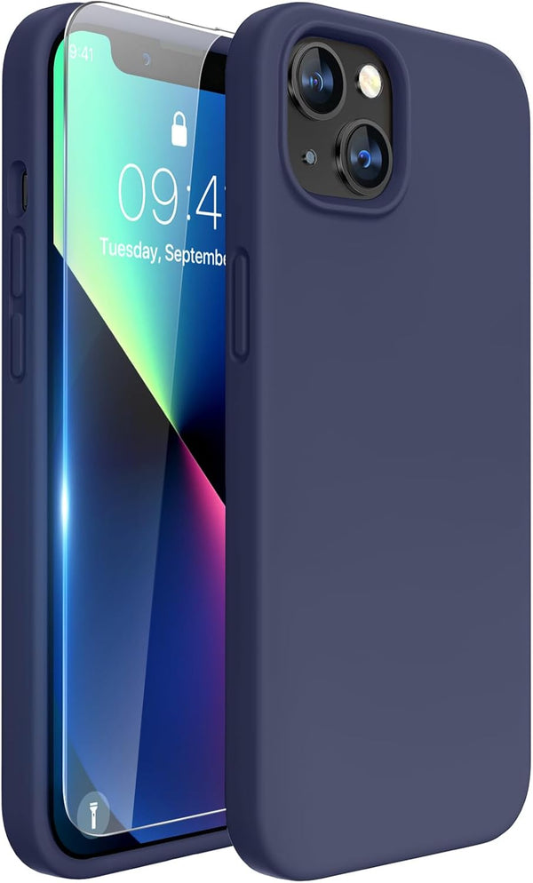 Miracase iPhone 13 Case - Shockproof Liquid Silicone, Navy Blue, with Tempered Glass Protector & Soft Microfiber Lining.