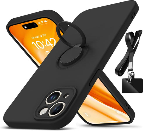 iPhone 15 Plus Case - Black, Slim Liquid Silicone, Shockproof, Anti-Scratch, with 360° Rotatable Ring Holder & Lanyard.