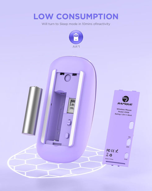 Wireless Bluetooth Mouse, Purple, 1600 DPI, Long Battery Life, Dual Connectivity, Quiet Click, High-Precision Optical