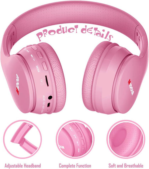 MIDOLA Kids Headphones Bluetooth 5.3 - Wireless 60H Play Time Volume Limit 85/110dB Over Ear Headset for Children Pink