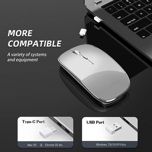 Wireless Mouse Chargeable Portable Silent Wireless Mouse USB and Type-C Dual Mode Wireless Mouse 3 adjustable DPI for Laptop, Mac, MacBook, Android, PC (Q23S Black) (Grey)
