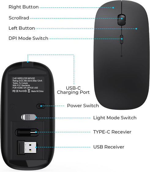 cimetech Rechargeable USB C Mouse, Type C Wireless Mice for MacBook Air, USB-A & Type-C Receiver, Portable Lightweight