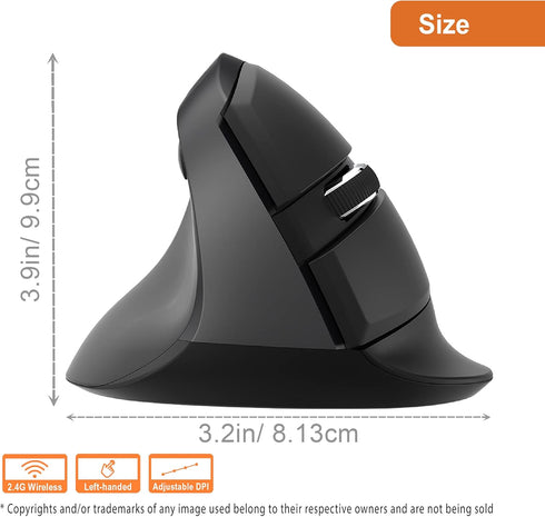 J-Tech Digital Left Handed Wireless Ergonomic Vertical Mouse, Black, for Small Hands, 4 DPI, USB Nano Transceiver, AA