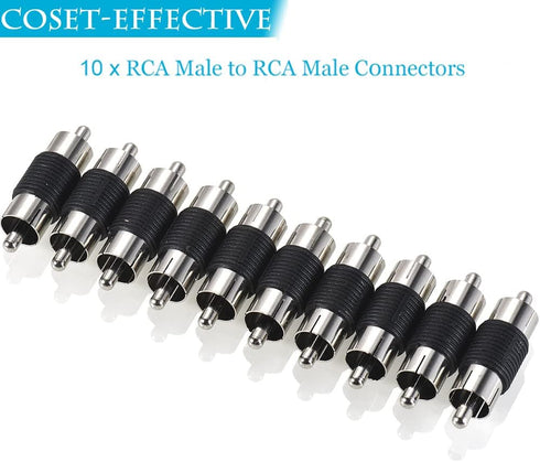 RCA Male to Male Coupler - 10-Pack, Dual Male Connector RCA M-M Adapter, Nickel Plated