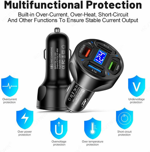 66W Multi Port Car Charger Adapter with Voltage Monitor, 4 USB QC3.0 Super Fast Charge Cigarette Lighter Charger