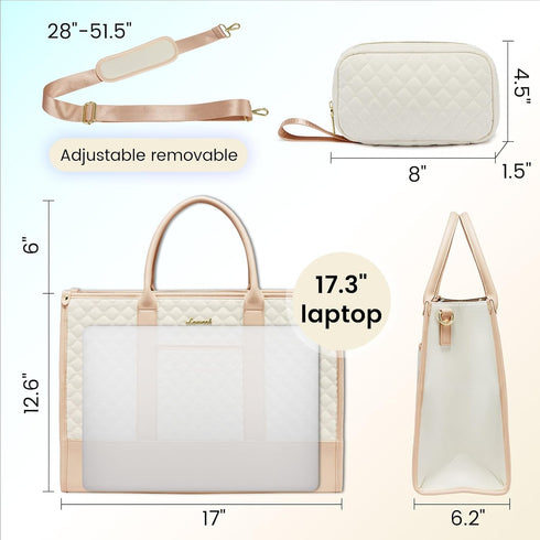 LOVEVOOK 17 Inch Laptop Bags for Women, Waterproof Work Tote Bag with Clutch, Quilted Beige & Brown
