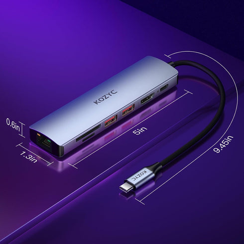 KOZYC USB C Hub Ethernet Multiport Adapter, 7-in-1 with HDMI 4K@60Hz, 100W PD, Compatible with MacBook Air/Pro