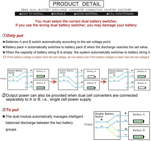 Electric Bike Dual Battery Discharge Converter 30A 24-72VDC, Dual Battery Pack Switch Balancer with XT60 Plug for 500w