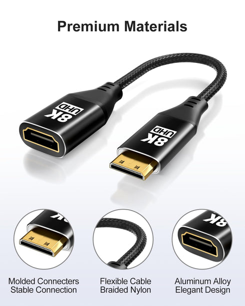 8K 8K@60Hz, 4K@120Hz 3D 48Gbps Mini HDMI to HDMI Adapter, Mini HDMI Male to HDMI Female Cable with HDR High Speed