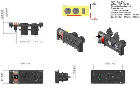 12V Waterproof Cigarette Lighter Socket, Dual USB Power Socket Switch Panel for Car RV Marine Boat