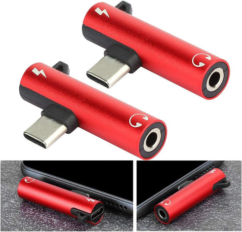 2Pcs USB Type-C to 3.5mm Female Headphone & Charger Adapter, 2-in-1 Fast Charging Cable for Type-C Phones (Red)