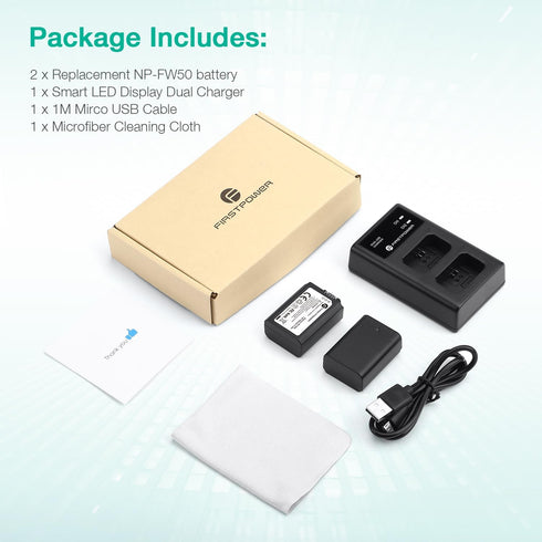 FirstPower NP-FW50 Battery 2-Pack with USB Dual Charger for Sony A6000 A6300 A6400 A6500 A7 A7II A7RII A7SII Cameras