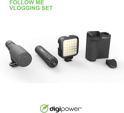 DigiPower Follow ME #GoViral Vlogging Kit for Cameras & Phones, with Microphone, 36 LED Light, Smartphone Grip,