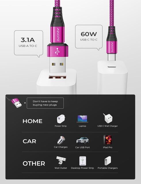 AINOPE 10FT USB C to USB C Cable - Fast Charging for iPad Pro, iPhone 15 Pro Max, MacBook, Samsung Galaxy S24.