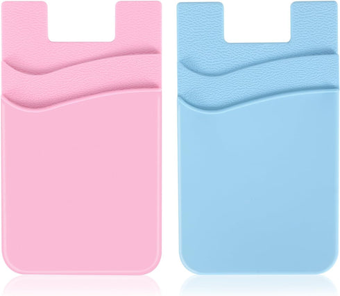 2Pack Phone Wallet, Silicone Credit Card Holder Stick on Double Pocket for Back of Cell Phone Case (Sky Blue, Pink)
